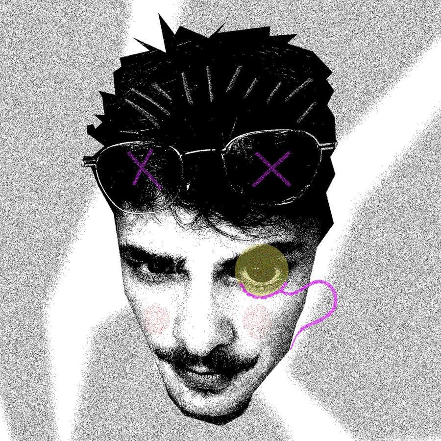 Collage portrait of Alex: sunglasses pushed up with violet X marks, a monocle, rosy cheeks and a moustache